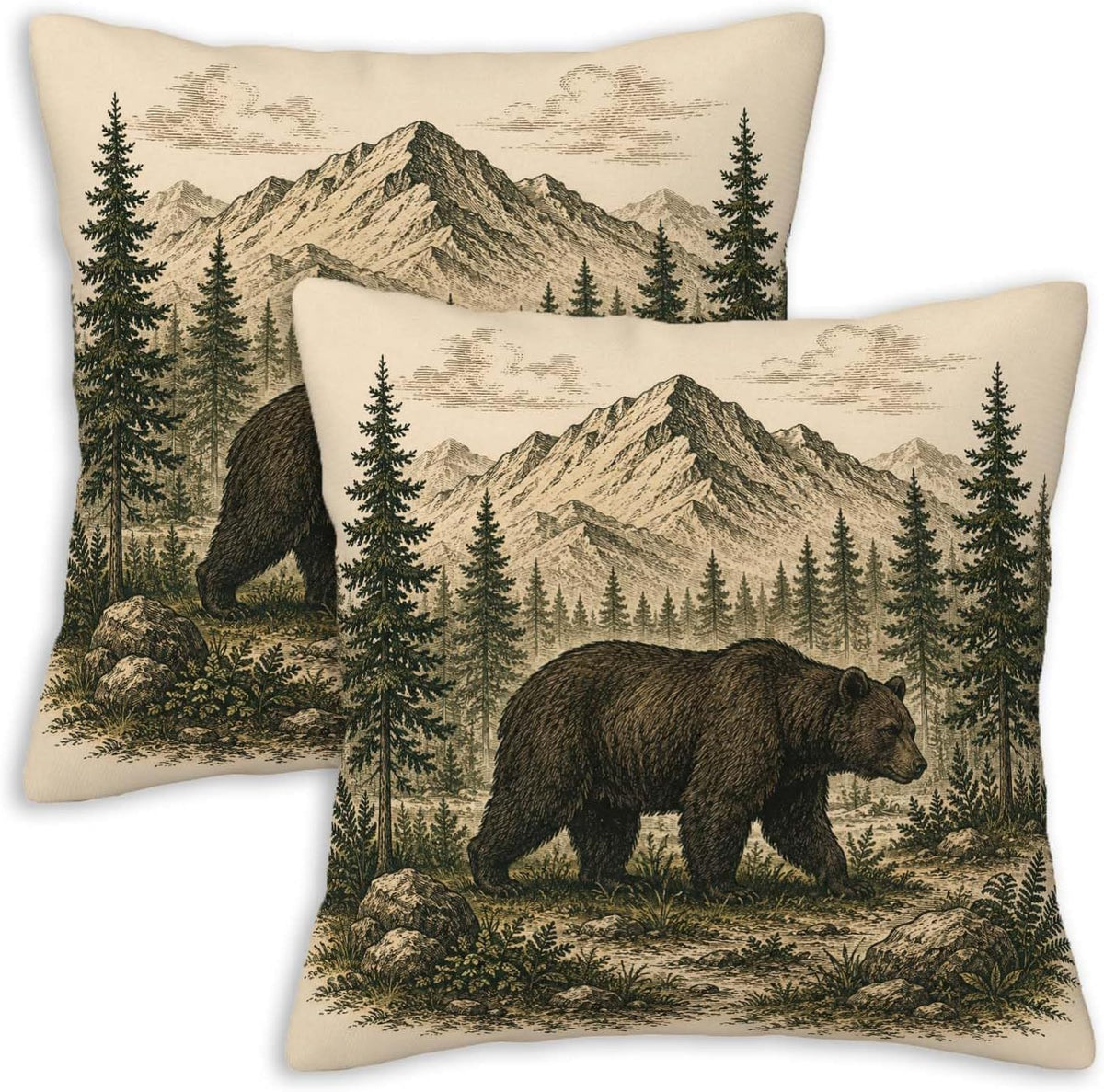 Rustic Cabin Campfire Throw Pillow Covers 18x18 Set of 2 | Mountain Lake House Decorative Cushion Covers | Pine Forest Woodland Lodge Pillow Cases for Couch Sofa Bed Living Room