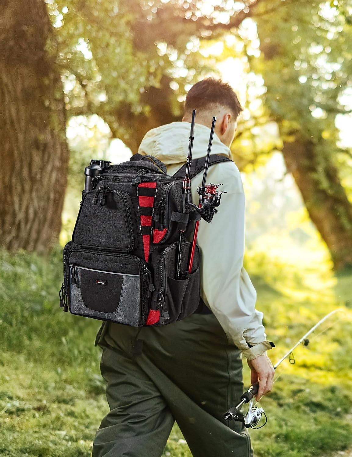 Piscifun Fishing Tackle Backpack with 2 Rod Holders, 4 Boxes & Rain Cover
