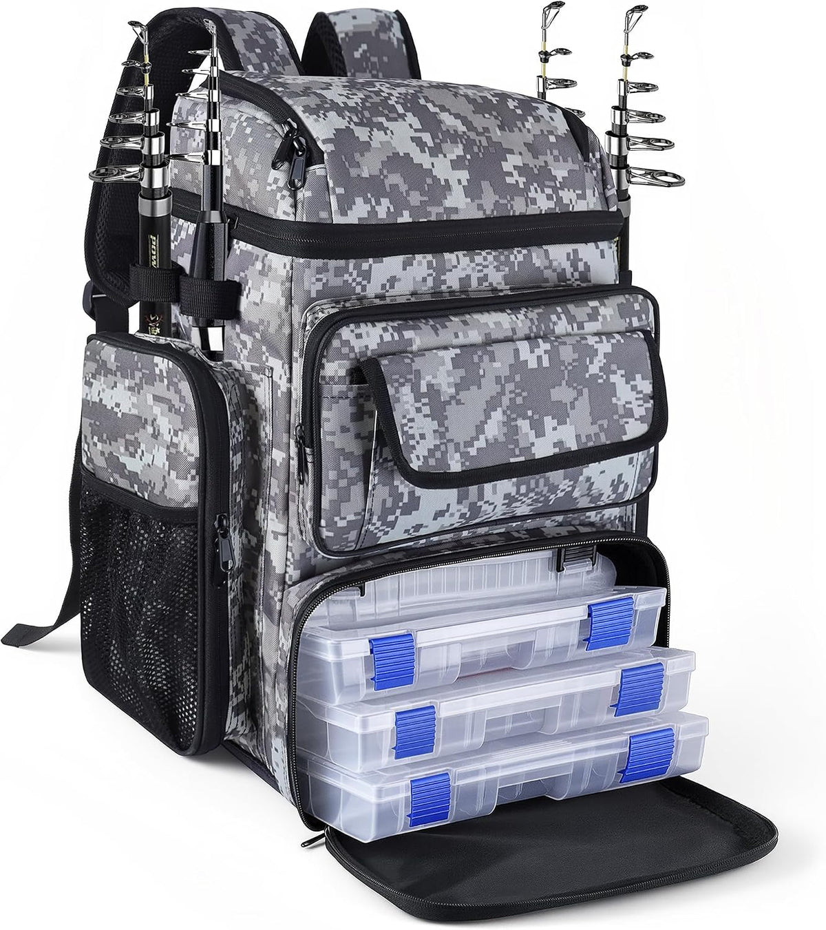 Fishing Tackle Backpack With Rod Holders, 45L Large Tackle Bag & Fishing Tackle Backpack for Fishing, Camping, Hiking,Black