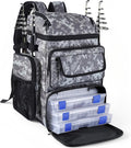 Fishing Tackle Backpack With Rod Holders,45L Large Tackle Bag & Fishing Tackle Backpack for Fishing,Camping, Hiking,Camouflage Gray White