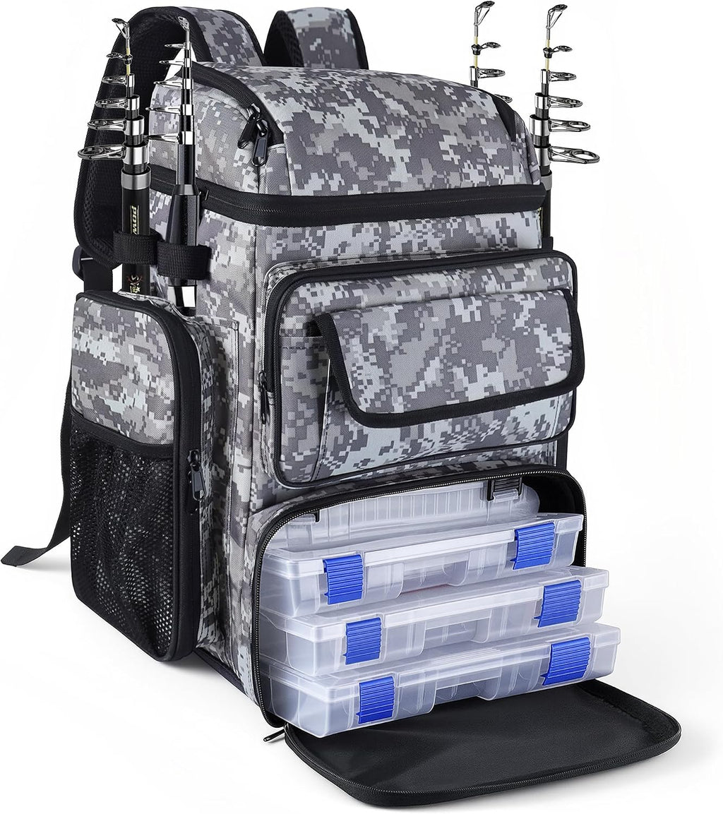 Fishing Tackle Backpack With Rod Holders,45L Large Tackle Bag & Fishing Tackle Backpack for Fishing,Camping, Hiking,Camouflage Blue