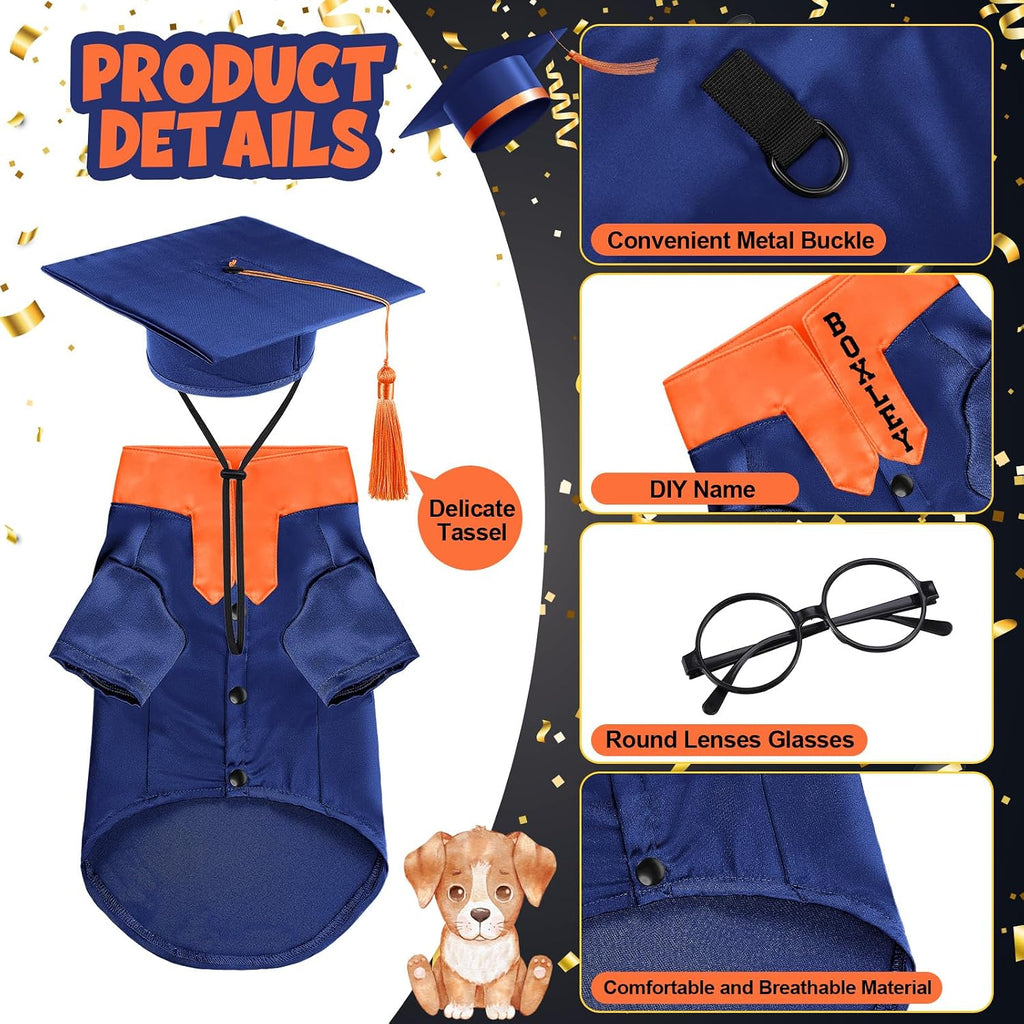 Huhumy 5 Pcs Dog Graduation Costume Set Include 2026 Pet Graduation Gown with Stole Puppy Grad Cap Lensless Glasses DIY Letter Stickers for Dogs Cats Holiday Costume Accessory(Blue Orange,S)