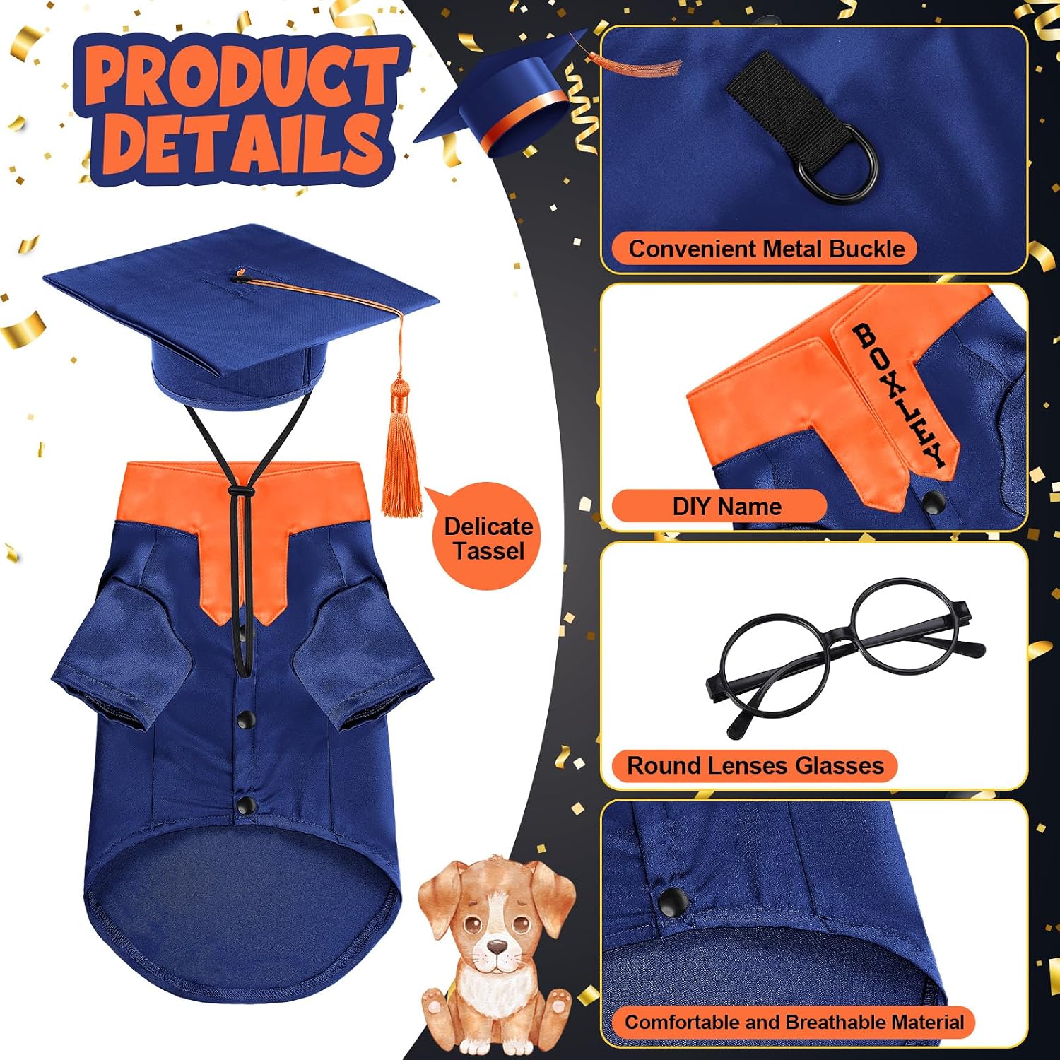 Huhumy 5 Pcs Dog Graduation Costume Set Include 2026 Pet Graduation Gown with Stole Puppy Grad Cap Lensless Glasses DIY Letter Stickers for Dogs Cats Holiday Costume Accessory(Blue Orange,S)