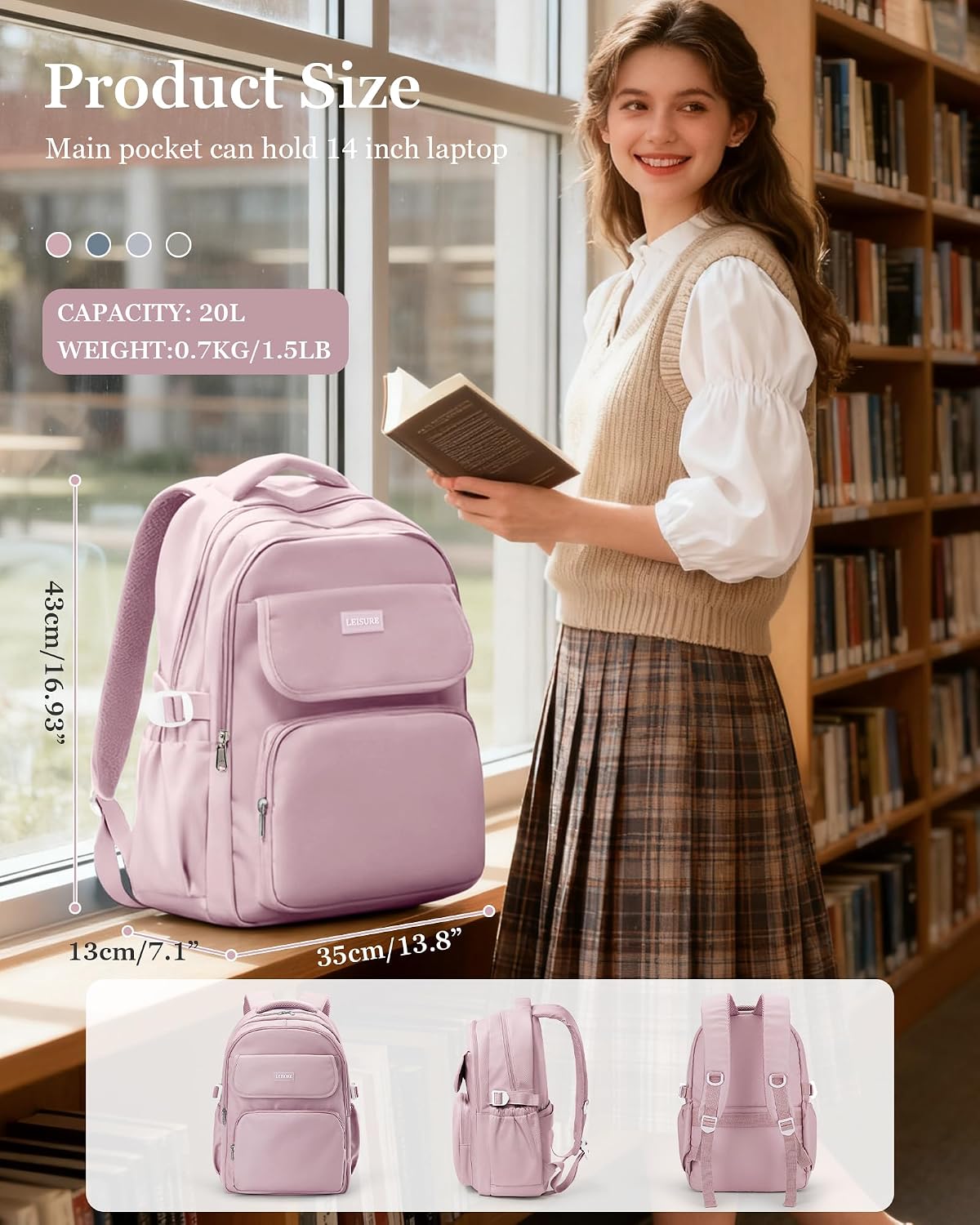 Waterproof School Backpack For College Students Women,Simple Kawaii Bookbags,Casual Laptop Travel Daypack Backpacks,Lightweight School Bags For Girls(Purple)