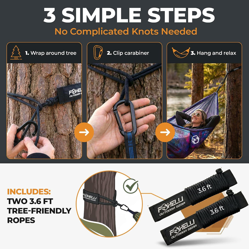 Foxelli Camping Hammock – Ultralight Hammock for Backpacking, Hiking, Festivals, Travel - Easy Setup with Tree-Friendly Ropes & Steel Carabiners, Heavy Duty Parachute Nylon