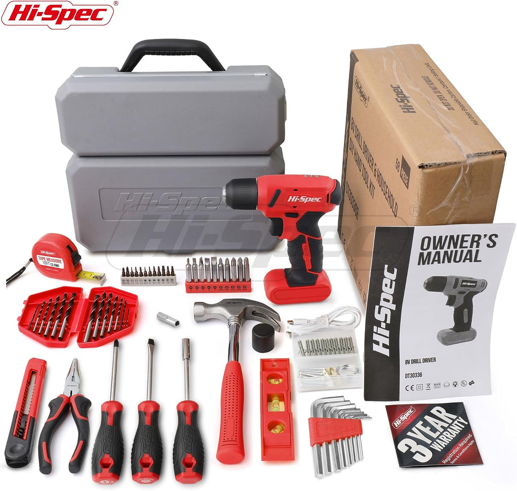 Hi-Spec 8V USB Cordless Drill Driver Home Tool Kit for Home DIY, Red