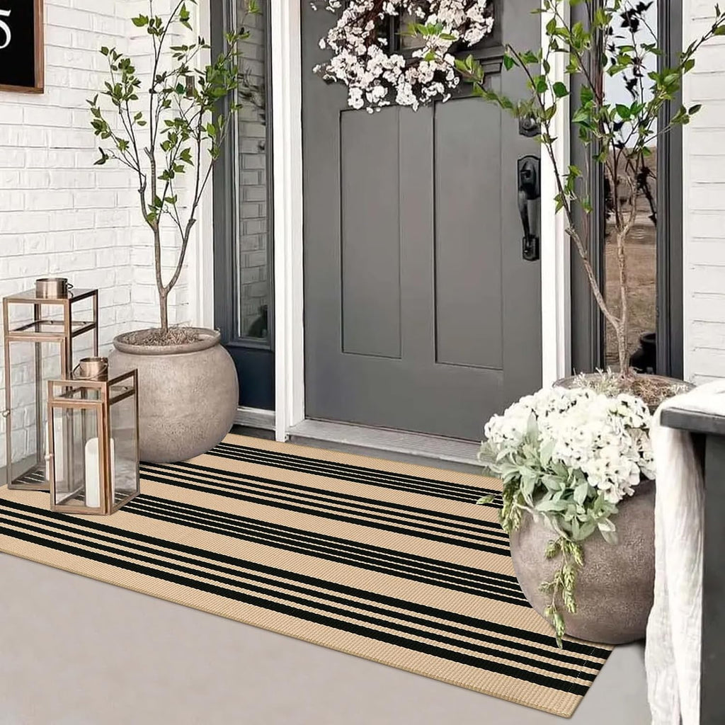 Striped Outdoor Fall Front Door Mat 24"x51", Cotton Washable Rug