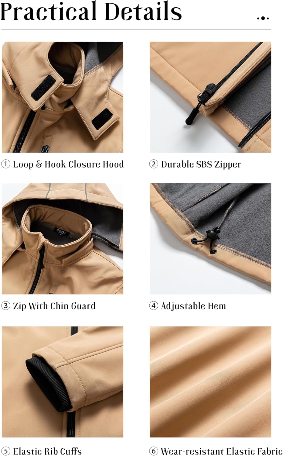 Pursky Men's Softshell Jacket Waterproof Fleece Lined Windbreaker With Removable Hood Lightweight Tactical Jacket