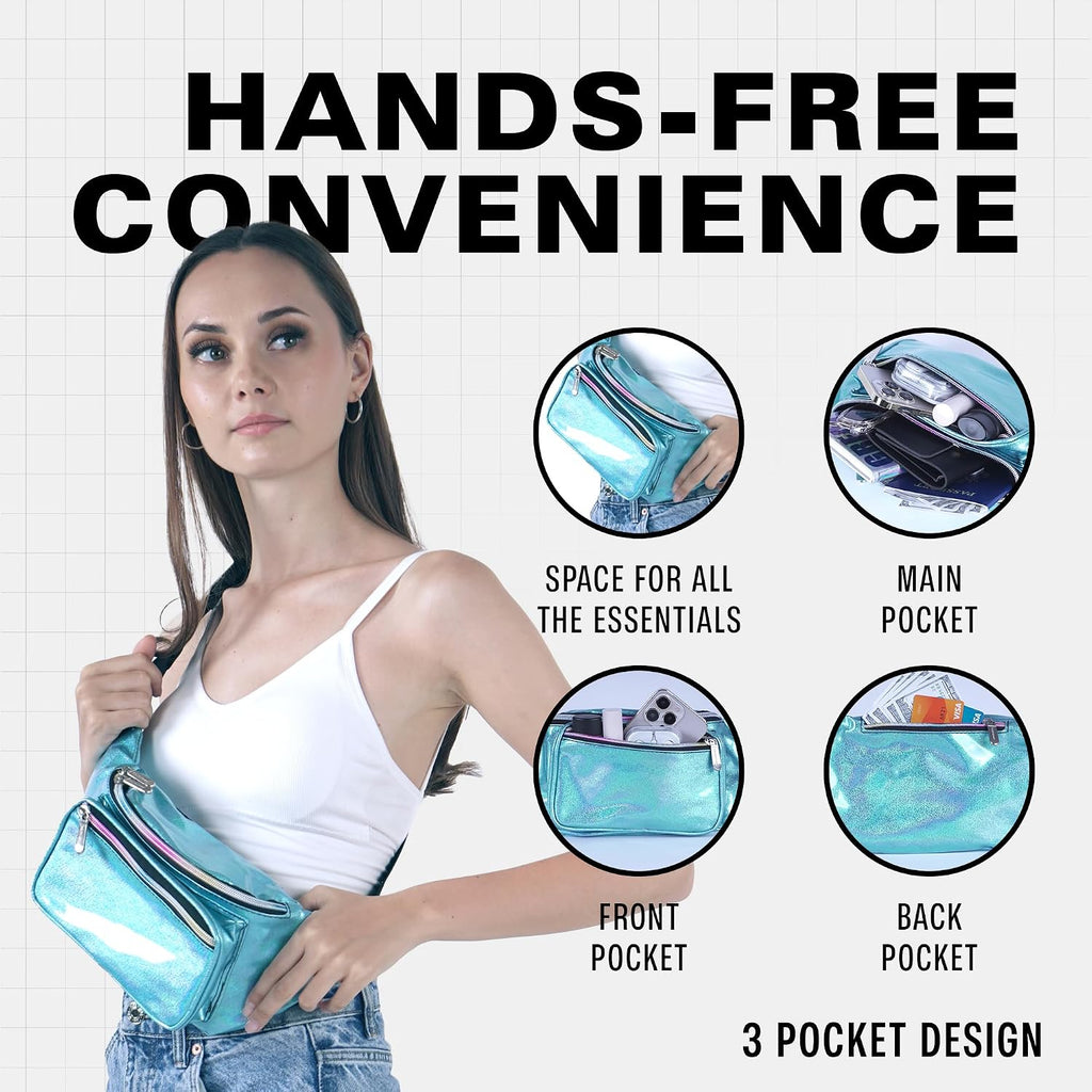 SoJourner Waterproof Holographic Fanny Pack, Blue Glitter