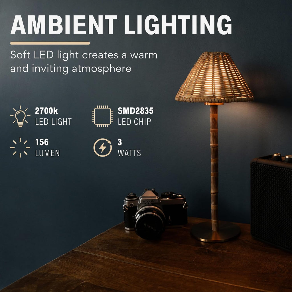 Bamboo Cordless LED Table Lamp – Rechargeable 24-Hour Battery, Dimmable Warm Light, Portable Wireless Lamp with Remote for Indoor/Outdoor Use, Home, Patio, Restaurant – (NATURAL RATTAN), 14.95" Tall