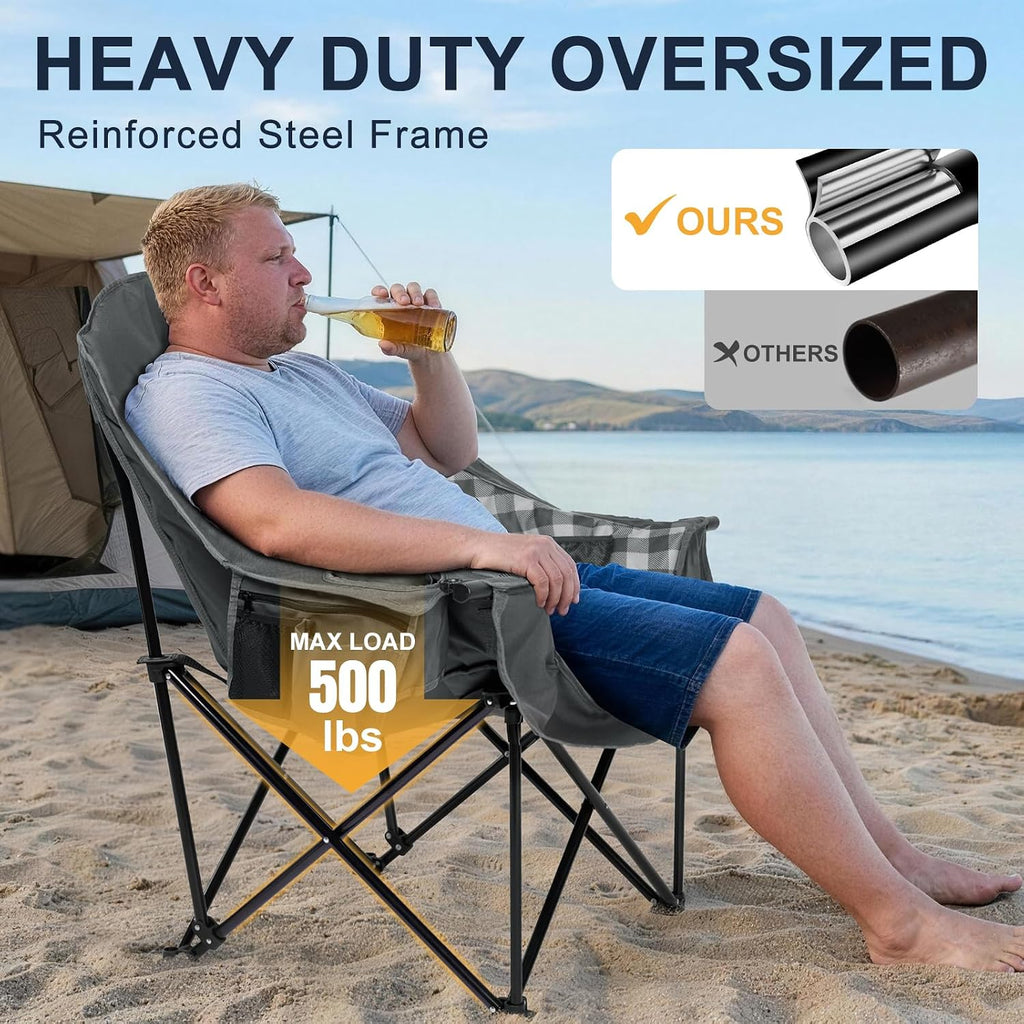 Oversized Camping Chair for Adults, 500 LBS Heavy Duty Folding Chair, Plaid