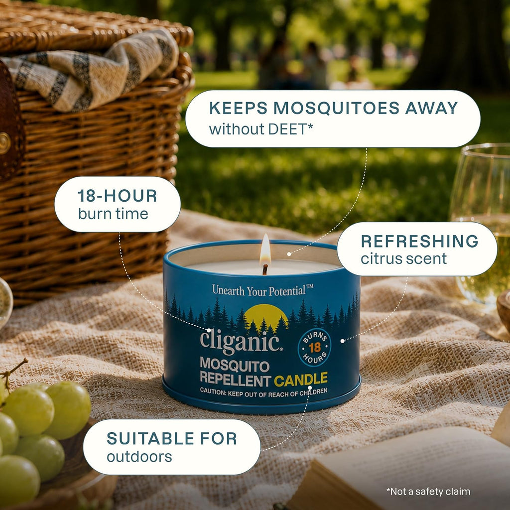 Cliganic Natural Mosquito Repellent Candle (Pack of 2) | Citronella, DEET Free, Essential Oil Infused for Outdoor, Camping | Burns 18 Hours