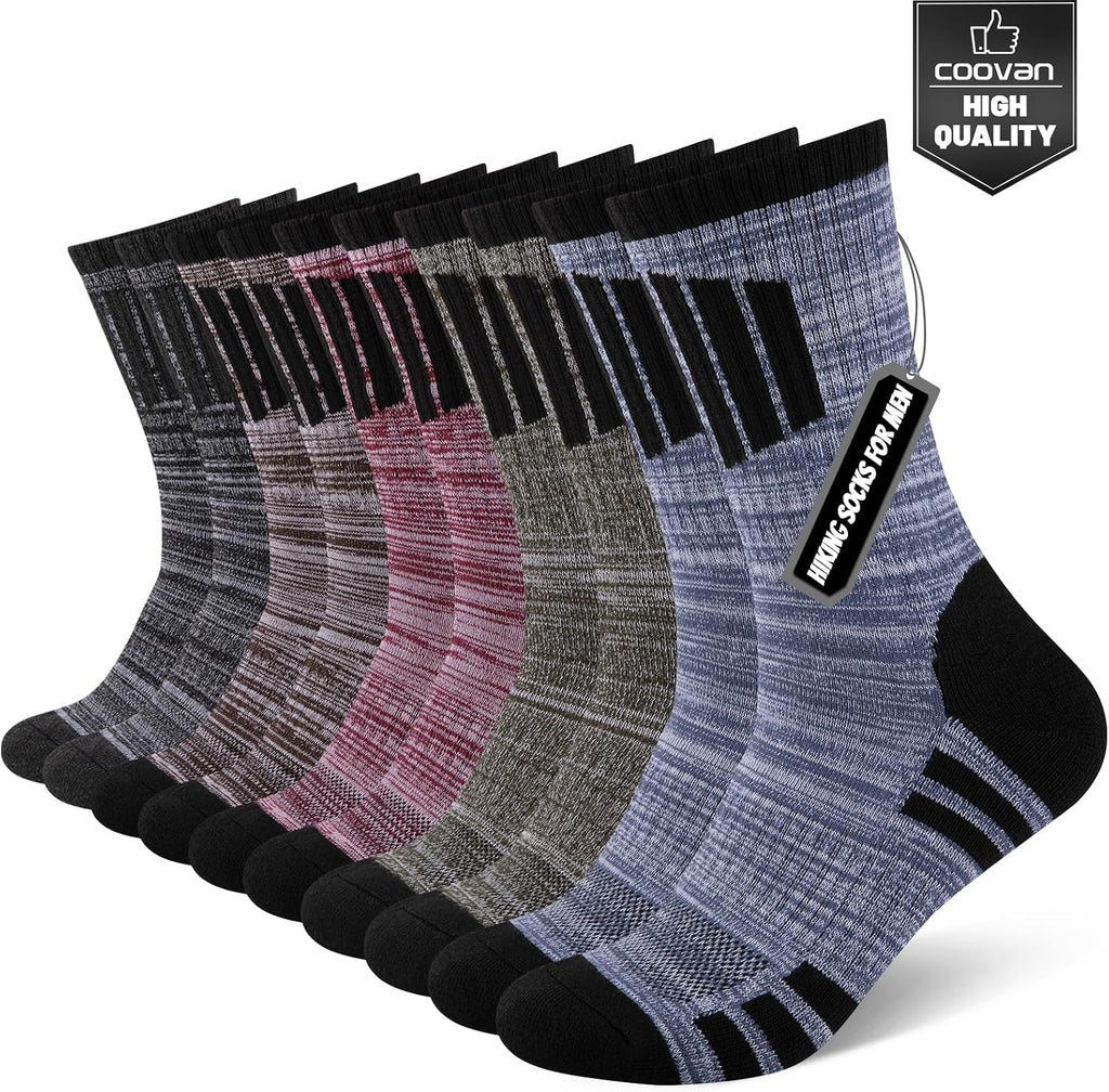COOVAN Mens Hiking Crew Socks 5 Pairs Moisture Wicking Cushioned Boot Socks