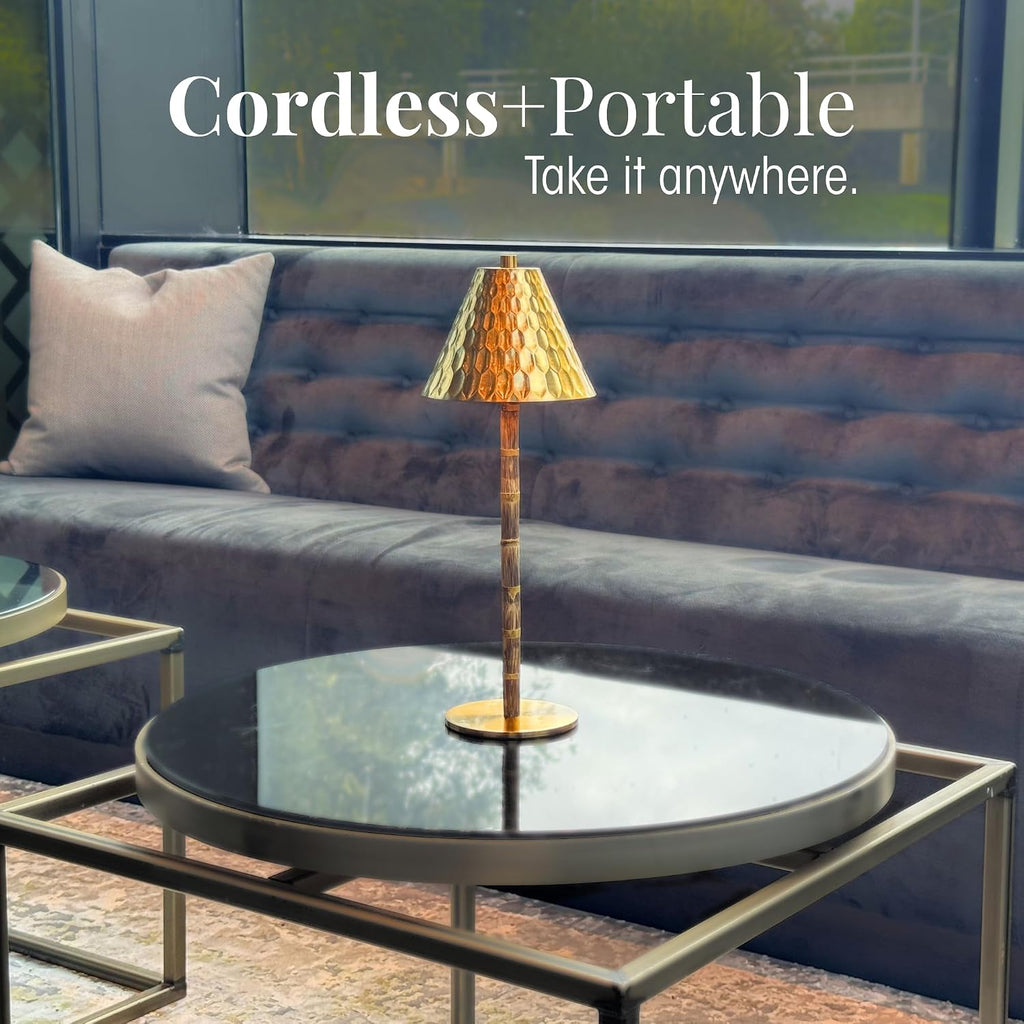 Bamboo Cordless LED Table Lamp – Rechargeable 24-Hour Battery, Dimmable Warm Light, Portable Wireless Lamp with Remote for Indoor/Outdoor Use, Home, Patio, Restaurant – (TEXTURED GOLD), 14.76" Tall