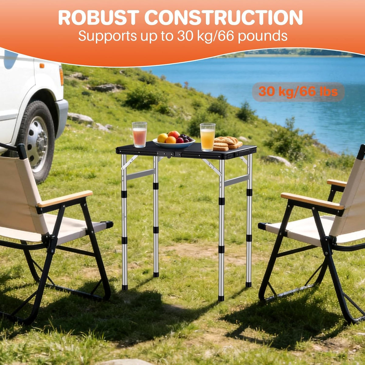 FUNYKICH Waterproof Folding Camping Table, 3 Height Adjustable Max 27.5''
