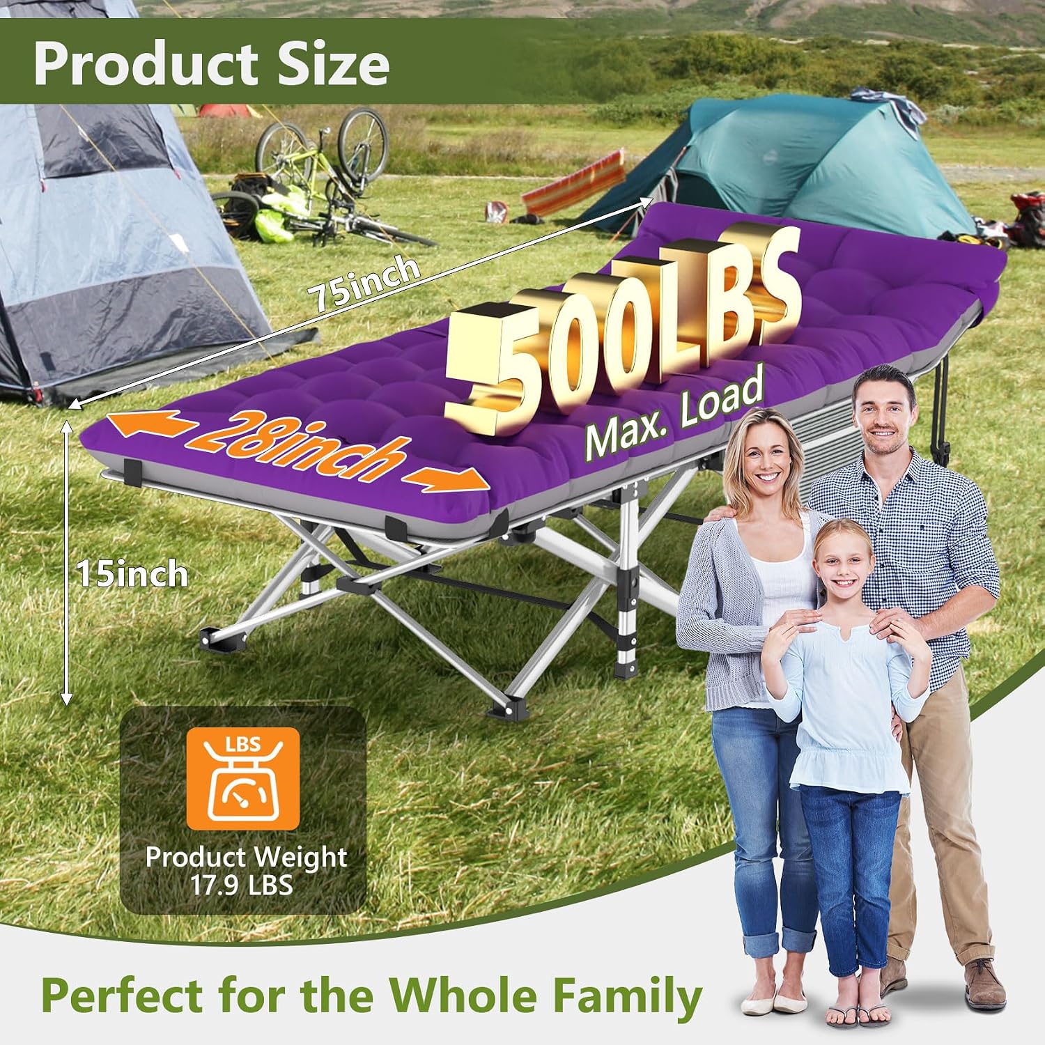 Slendor Folding Camping Cot with Mattress for Adults, 500lbs Portable Bed