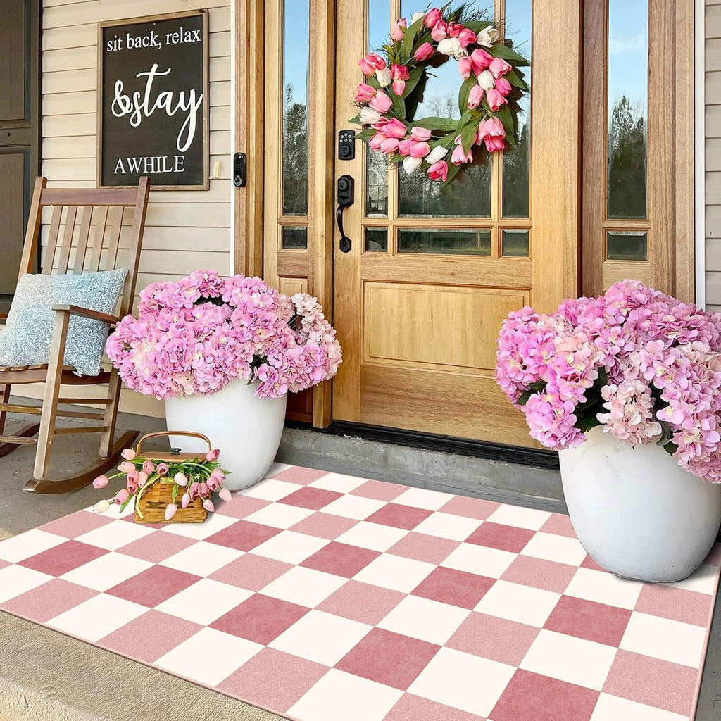 Pink White Checkered Entry Rug - 3x5 Non-Slip Indoor Outdoor Rugs