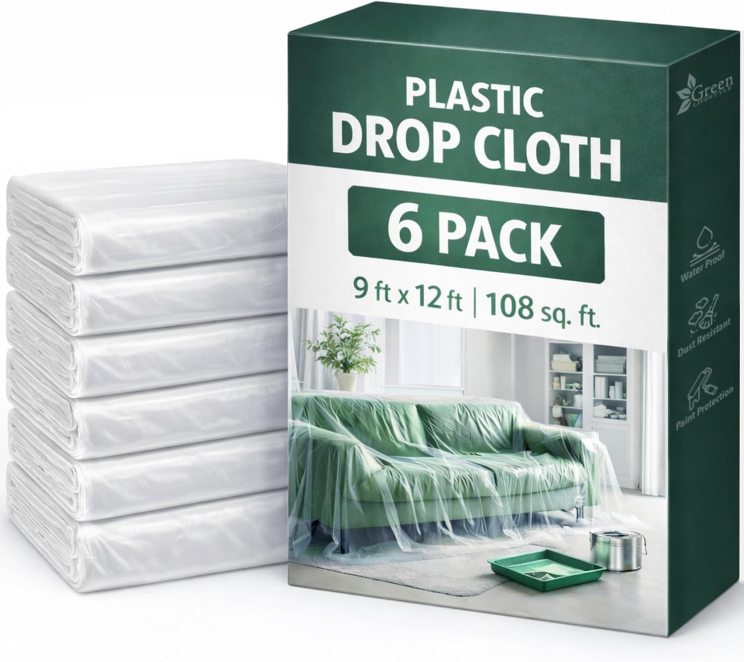 GREEN LIFESTYLE All Purpose Canvas Drop Cloths - Drop Cloth for Painting, Floor Cover, Heavy Duty Protection for Furniture & Surfaces, Reusable Painters Canvas Tarp for Renovation (9x12)