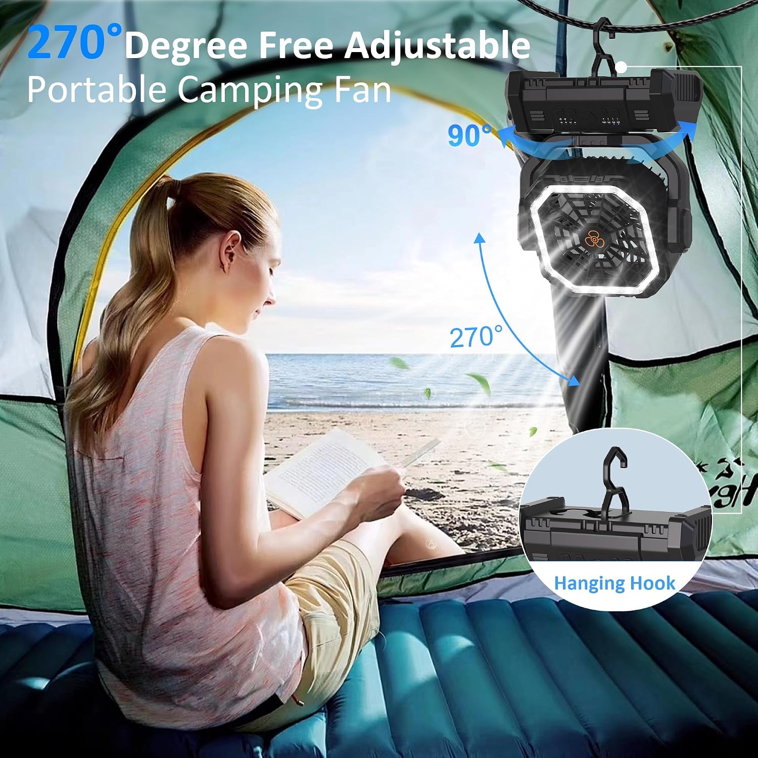 Honesorn 20000mAh Camping Fan Rechargeable with LED & Light Remote, Black