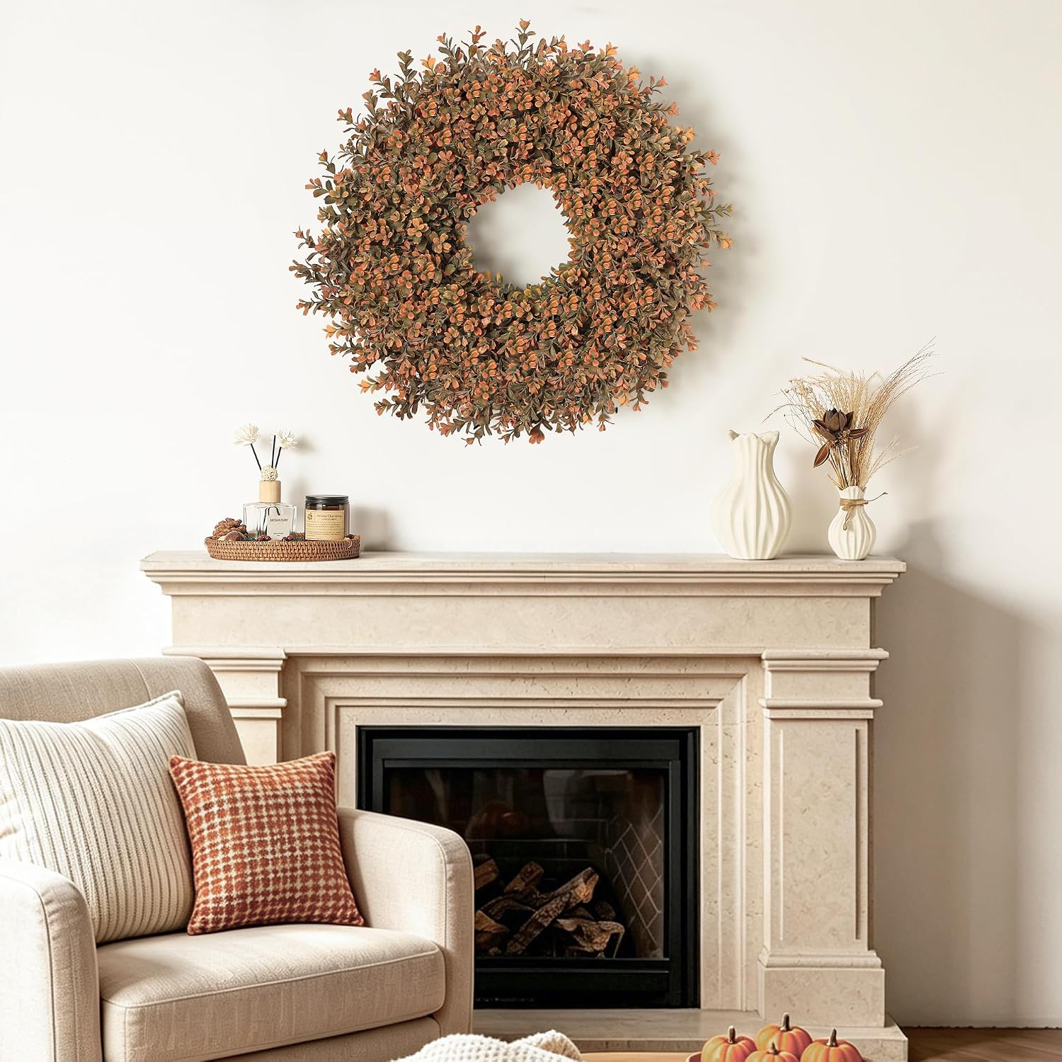 26'' Fall Wreath for Front Door, Artificial Autumn Boxwood Wreath Outdoor