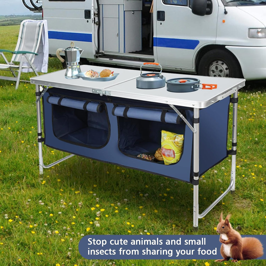 JOUYEK Camping Table, Folding Portable Kitchen Table with Storage Blue