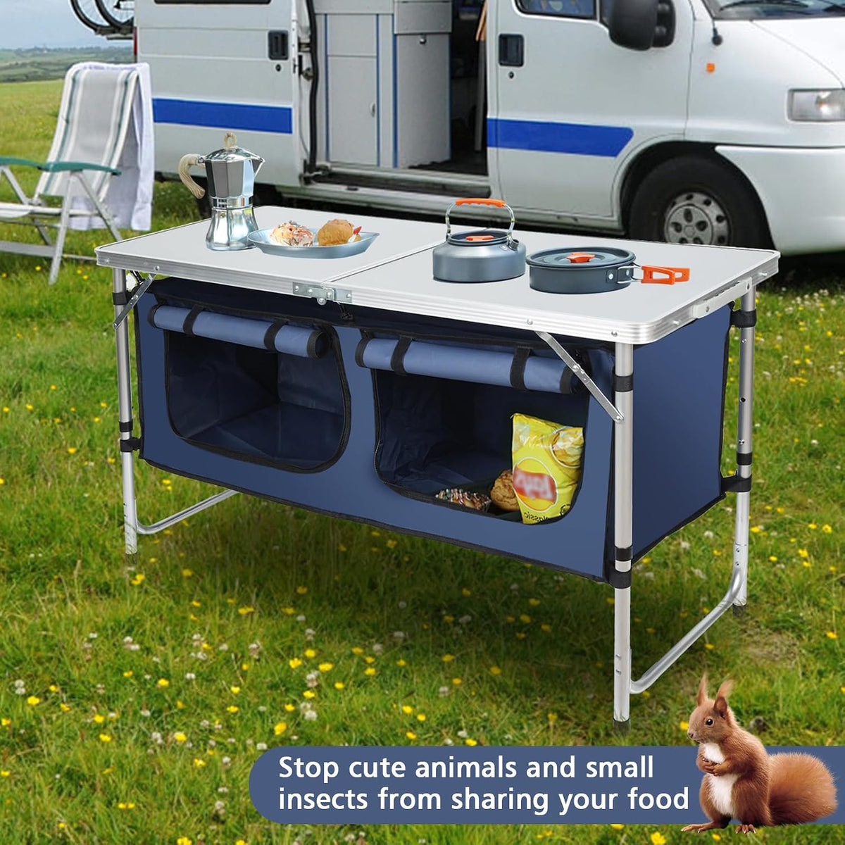 JOUYEK Camping Table, Folding Portable Kitchen Table with Storage Blue