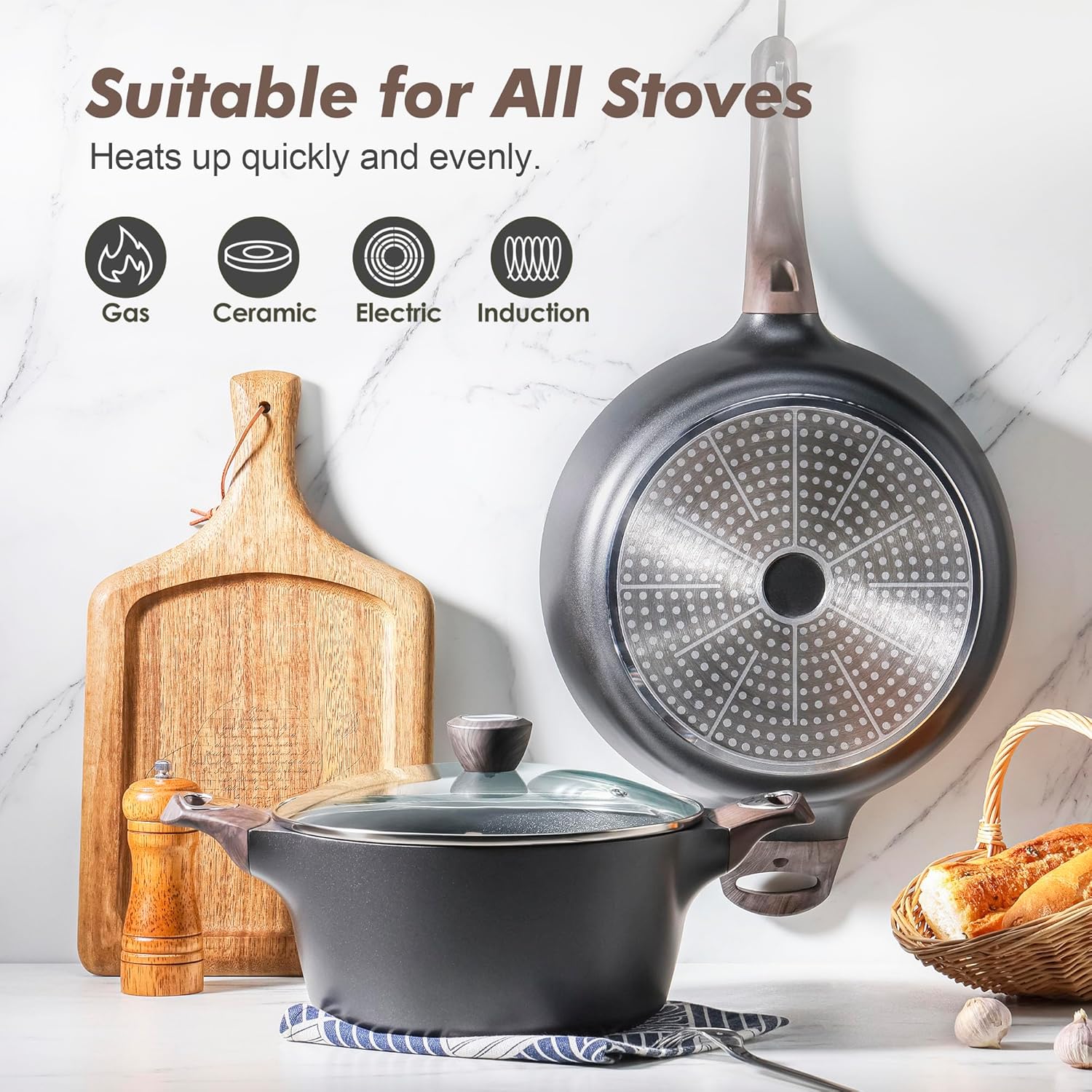 SENSARTE Pots and Pans Set Non stick, Non toxic Healthy Induction Cookware Sets, 14 Pcs Non Stick Kitchen Cooking Set with Frying Pans Set & Saucepan, PFOA PFOS Free, Black