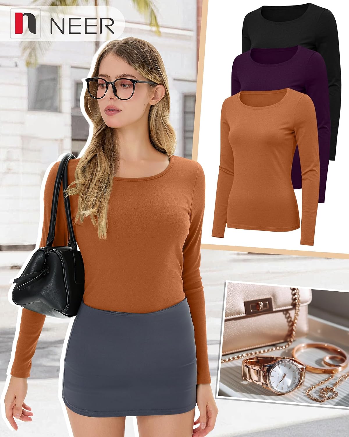 Neer 3 Pack Womens Thermal Shirts Crew Neck Fleece Lined Tops