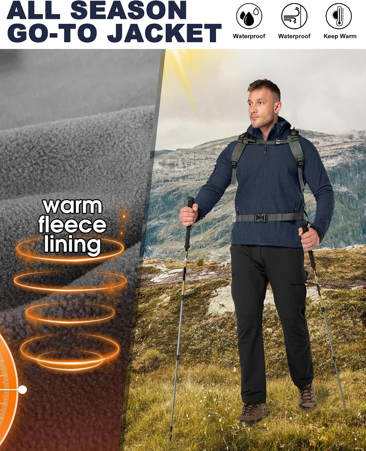33,000ft Men's Hooded Fleece Lined Rain Shell Jacket Waterproof Lightweight