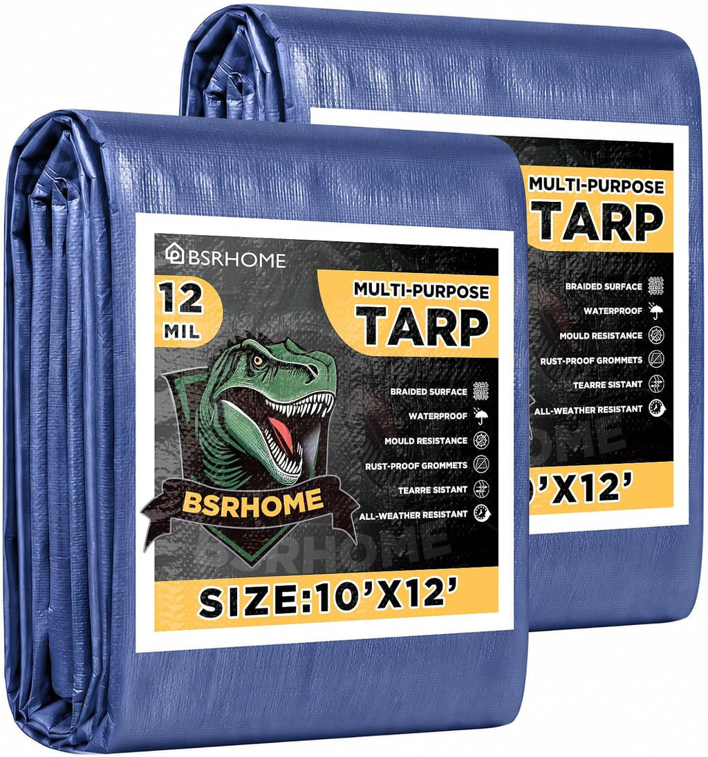 Tarps Waterproof 10x12 Feet, 2 Pack Heavy Duty Green Tarp Cover 8 Mil Thick, Resistant Plastic Tarpaulin with Metal Grommets, Outdoor Tent Cover for Emergency Rain