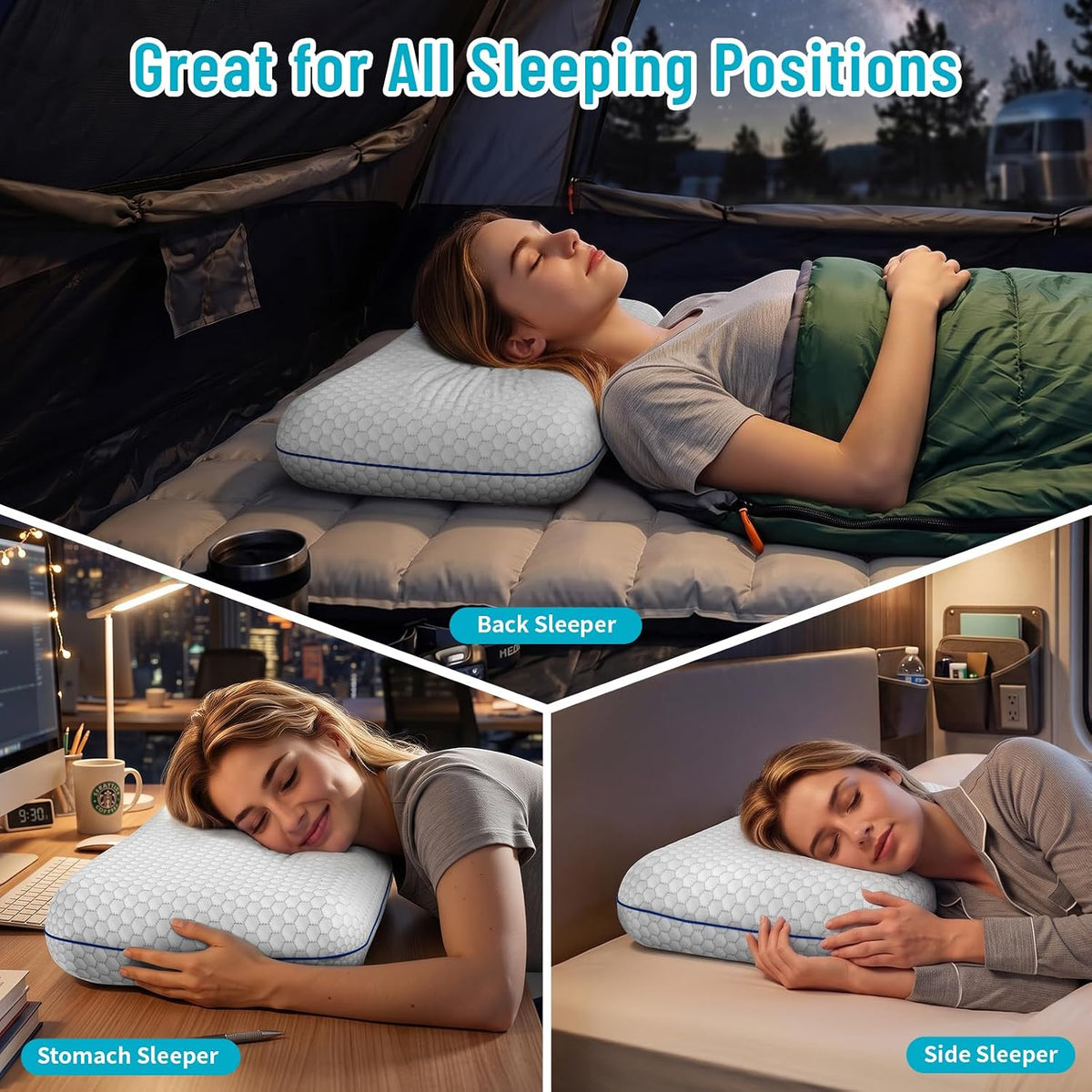 CushyOasis Memory Foam Pillows for Sleeping, Bed Pillow, Camping Size