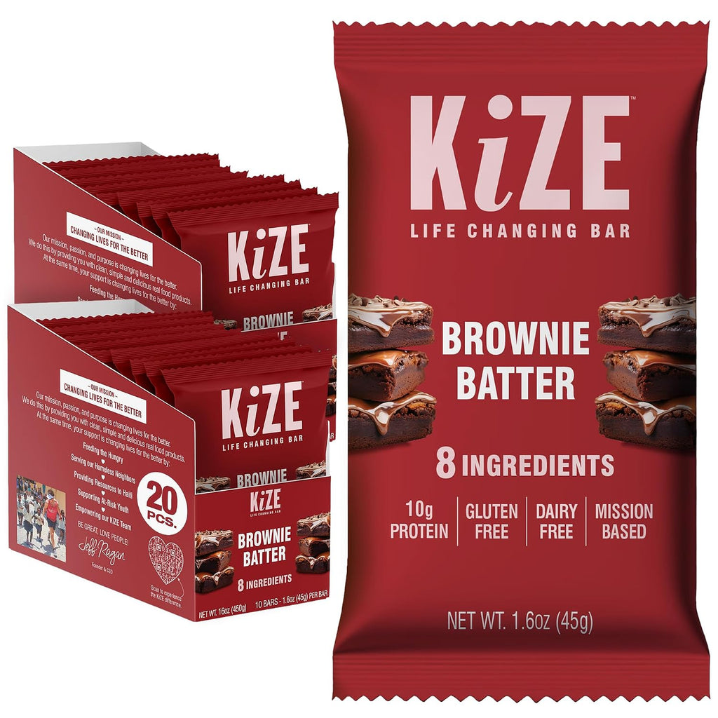 KiZE Energy Bars - Brownie Batter - 20-Count - Almond-Butter-Based, Gluten Free, Dairy Free, Non-GMO, and High Protein Meal Replacement Energy Bars, Clean and Simple Food Ingredients - 10g High Protein Snacks (20 Count)