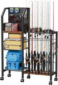 Fishing Rod Holders for Garage, Convenient Pegboard with 14 Long Utility Hooks, Fishing Rod Rack Up to 16 Rods, 3 Tier Fish Pole Stand with Fishing Reel Holders & 8 Hooks for Fishing Gear Accessories
