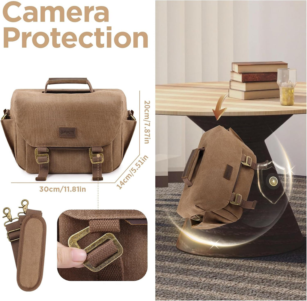 SMRITI Canvas DSLR Camera Bag, Camera Messenger Bag for Photographers,Travel Waterproof Shoulder Camera Case for Men Women (Brown)