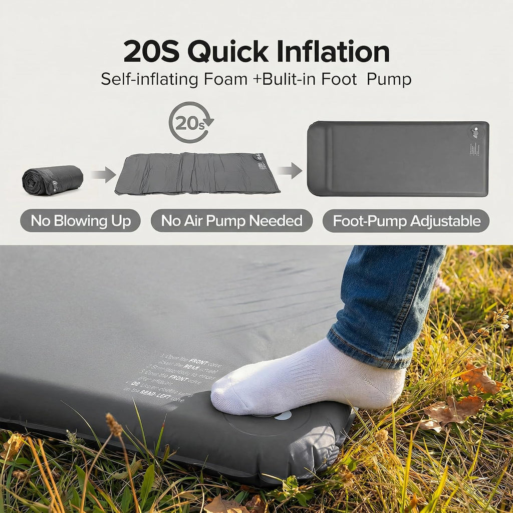 Self-Inflating Sleeping Pad for Camping, 3" Ultra-Thick Outdoor Camping Mat with Pillow & 9.5 R-Value, Insulated All-Season Foam Camping Mattress for Camping Travel Tent Car