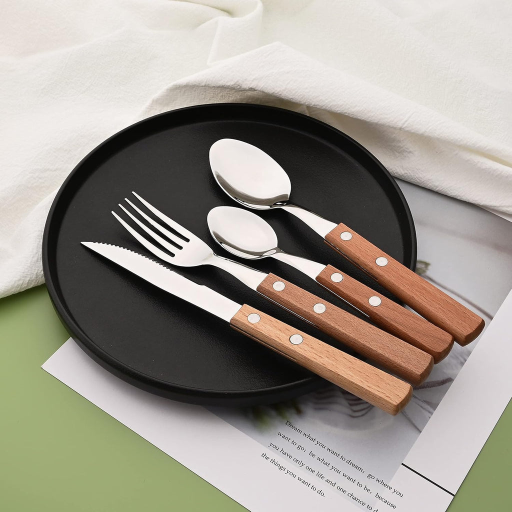 Silver Flatware Set with Natural Wood Handle, 24 PCS Silverware Set for 6, Premium 18/8 (304) Stainless Steel Cutlery Set, Forks Spoons and Knives Set for Home/Camping/Travel, Mirror Finish