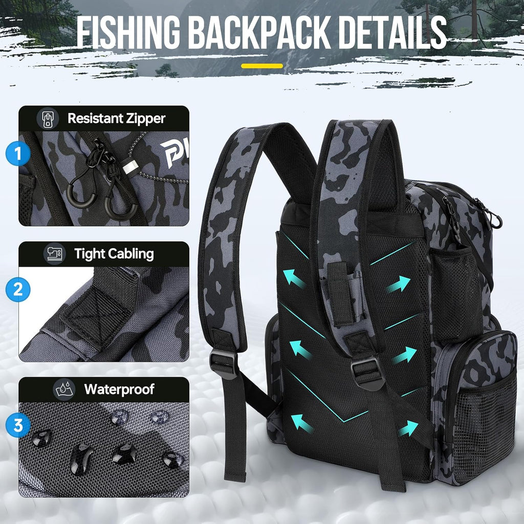 PLUSINNO Cooler Fishing Backpack with Rod Holders 45L Large Water-resistant Fishing Tackle bag Store Fishing Gear Fishing Gifts for Men Father