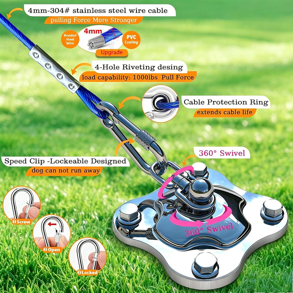 Dog Tie Out Cable and Stake, 30FT Heavy Duty Cables for Outside, 360°Swivel No Tangle Dog Runner for Yard, Up to 150 lbs, Ideal for Outdoor Camping