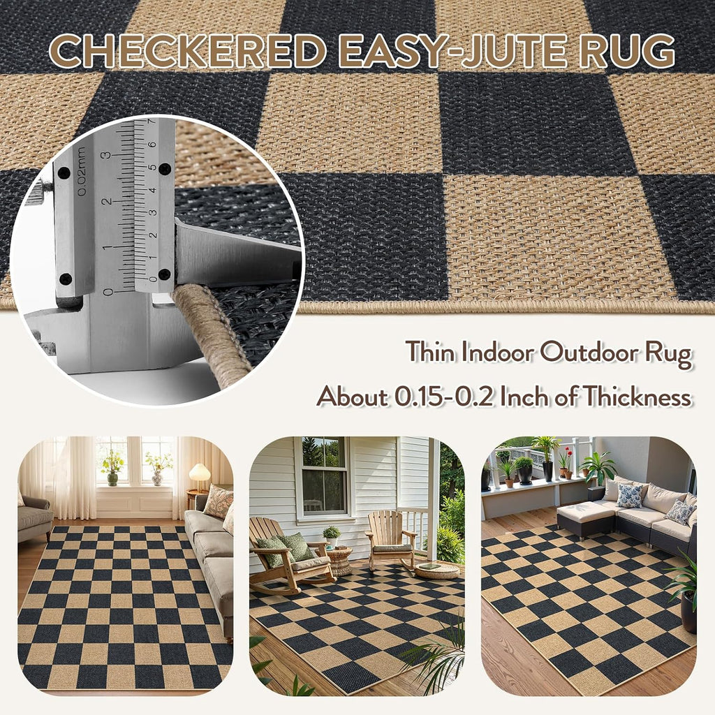 Lahome Checkered Easy Jute 5x7 Outdoor Patio Rug, Area Rugs Washable Black