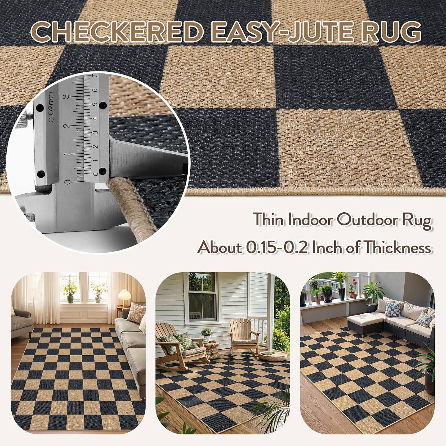 Lahome Checkered Easy Jute 5x7 Outdoor Patio Rug, Area Rugs Washable Black