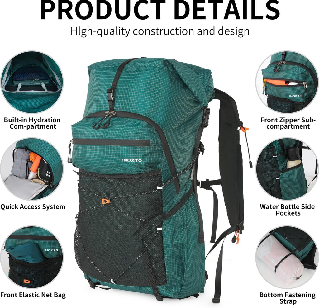 IX INOXTO Hiking Backpack for Men and Women, 30L Waterproof Camping Backpack with 3L Water Bladder and Rain Cover, Lightweight Outdoor Sport Travel Daypack Rucksack for Climbing Cycling (Dark green)
