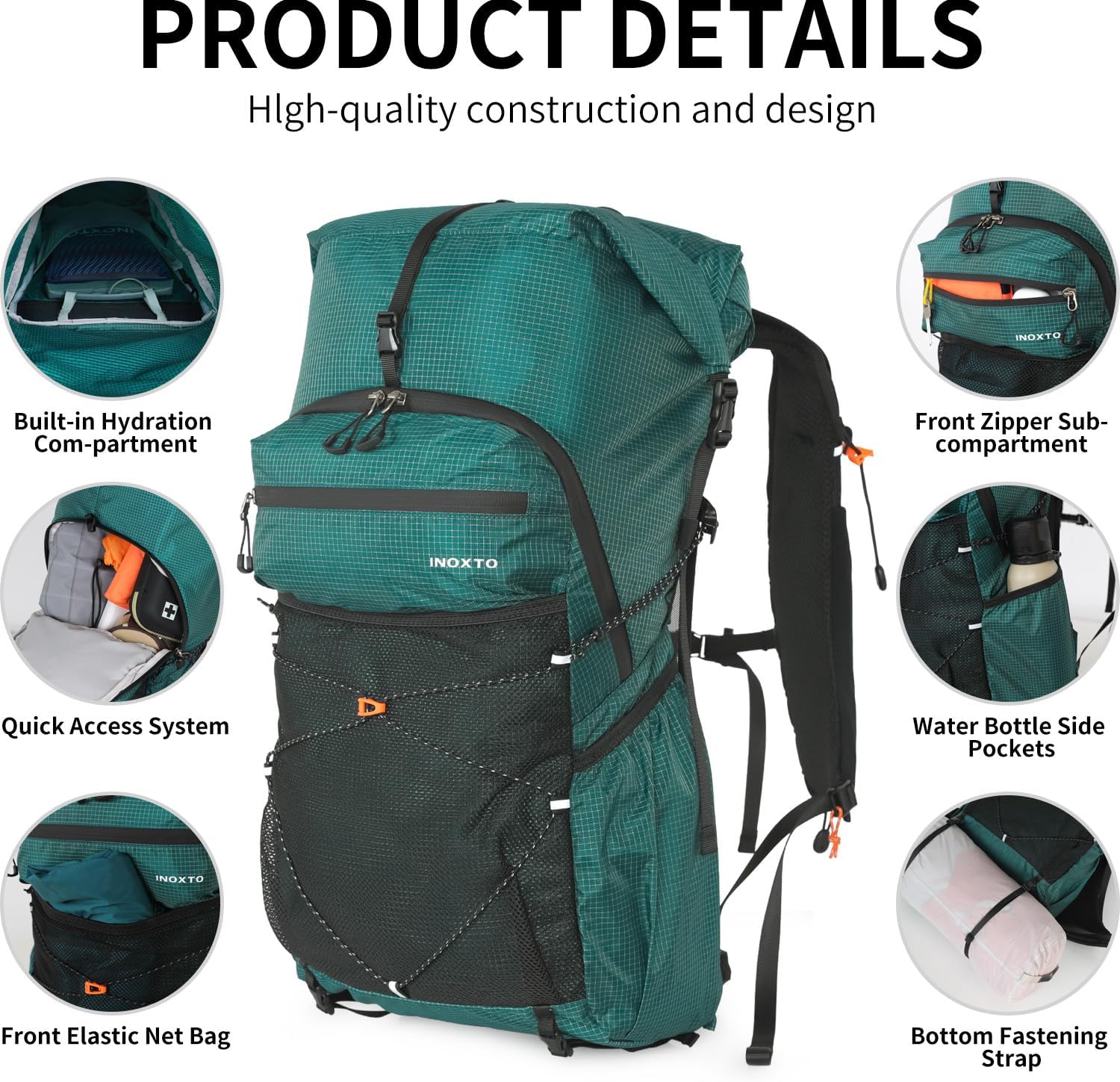 IX INOXTO Hiking Backpack for Men and Women, 30L Waterproof Camping Backpack with 3L Water Bladder and Rain Cover, Lightweight Outdoor Sport Travel Daypack Rucksack for Climbing Cycling (Dark green)