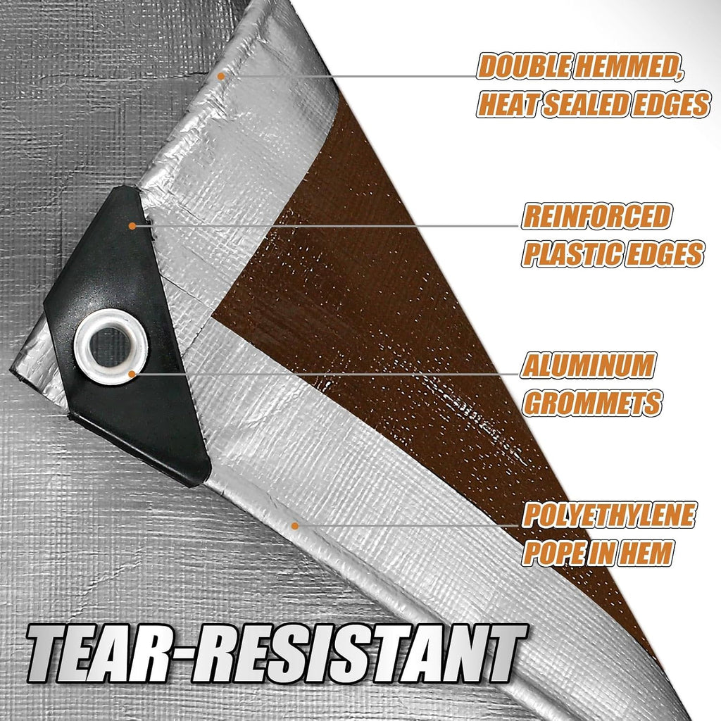 Tarps Heavy Duty Waterproof 12x16 Ft, 10 Mil Thick, High Durability, Rip, UV Resistant and Tear Resistant with Metal Gromets Every 20 Inches (Silver/Brown - Reversible)