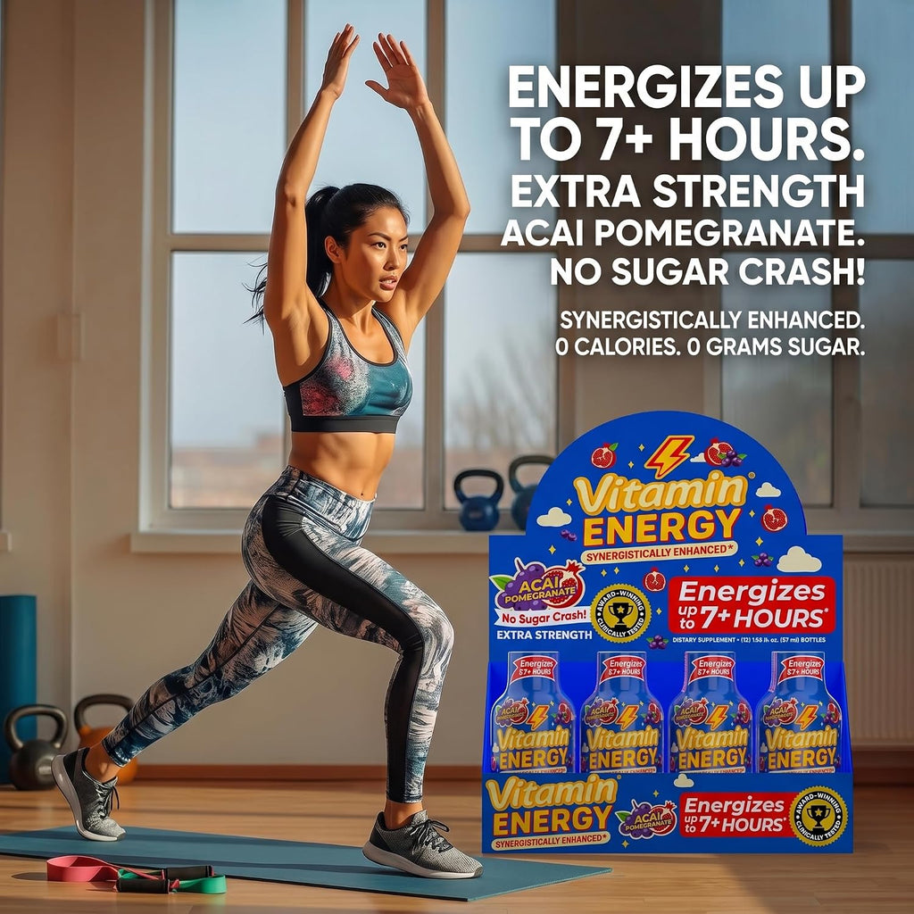 Vitamin Energy Acai Pomegranate Extra Strength Energy Shot, 12 Pack - Up to 7 Hrs, 260mg Natural Caffeine, Zero Sugar - B12 11,000% DV + B6 2,118% DV + Taurine 1,500mg, 1.93 fl oz, Keto Vegan