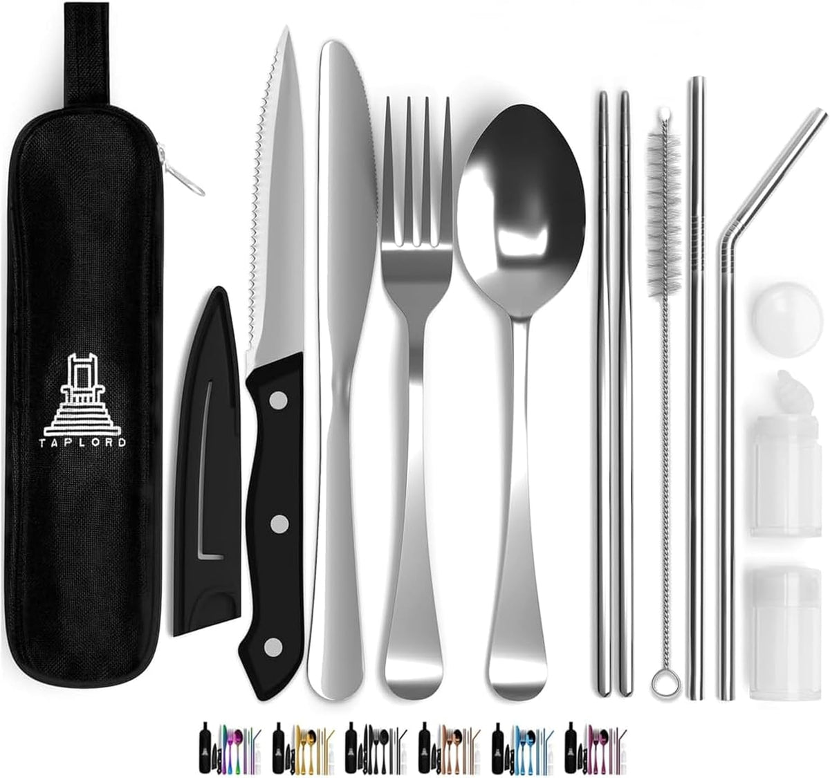 Travel Utensils With Case, 10 Pcs portable silverware set (Silver)