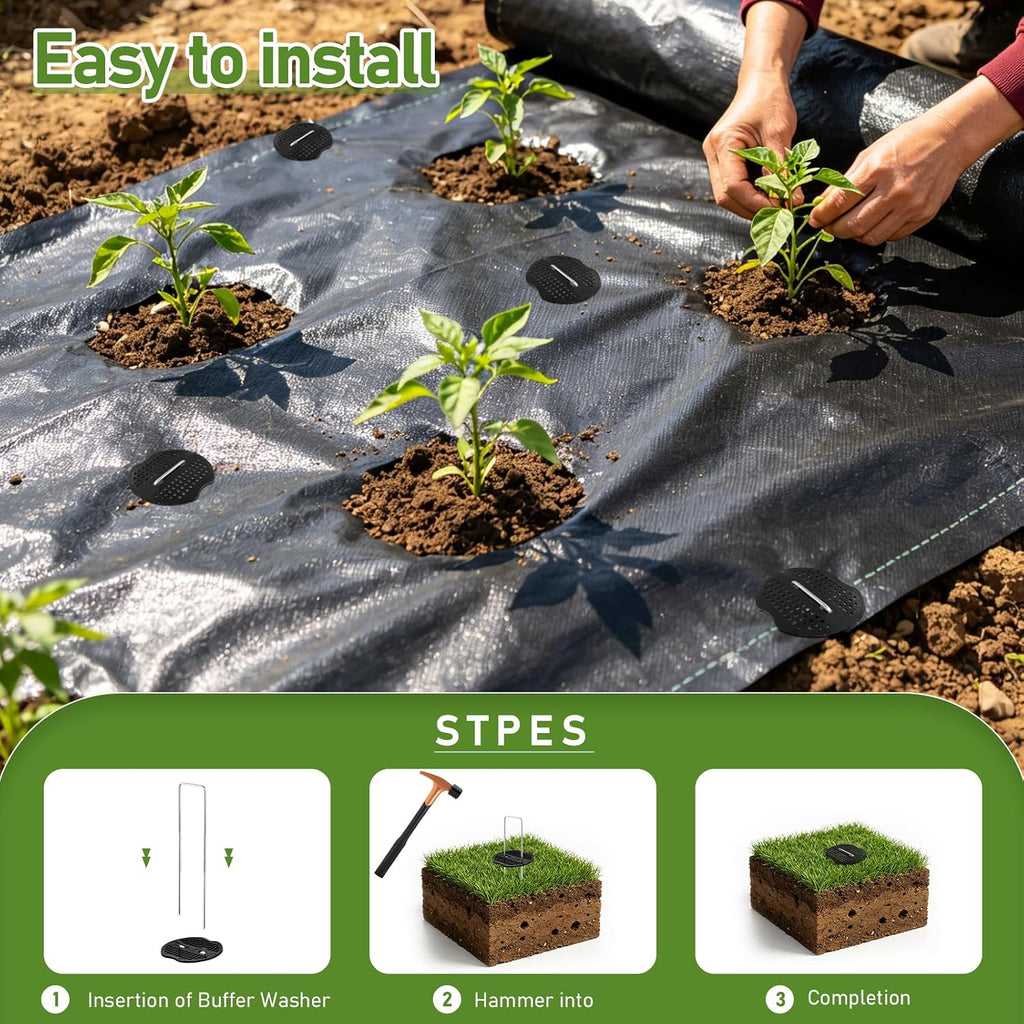 200Pcs Garden Stakes Staples Kit, 100Pcs 6 Inch U-Shaped Landscape Staples, 100Pcs Fixing Gasket for Weed Barrier Fabric, Ground Cover, Holding Fence and Artificial Turf