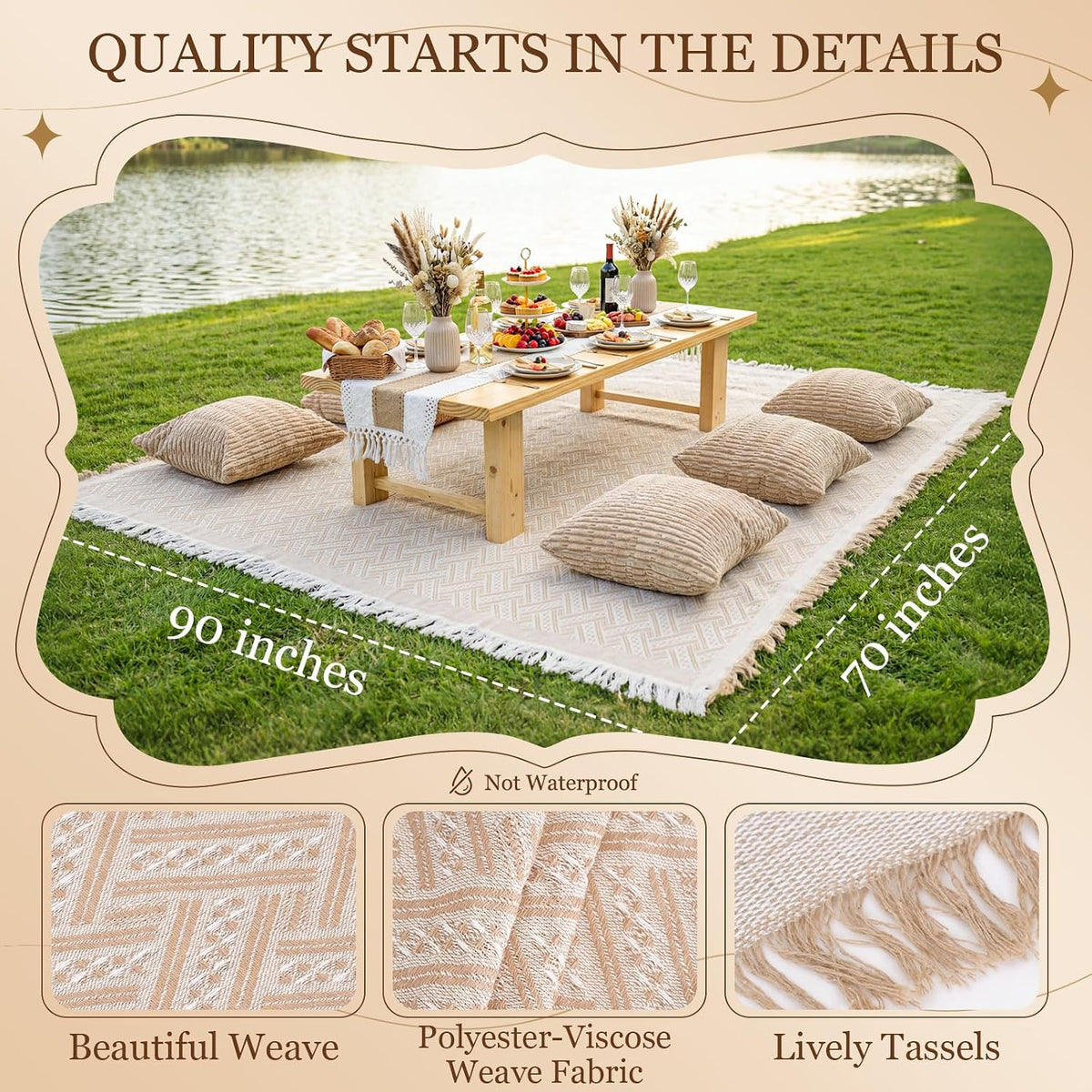 RYCHIC Extra Large Outdoor Rug Boho Picnic Blanket with Low Table Runner and 6 Throw Pillows Covers Set for Beach Essentials Beach Accessories Garden Party Decoration Patio Park Lawn Festival Mat XL
