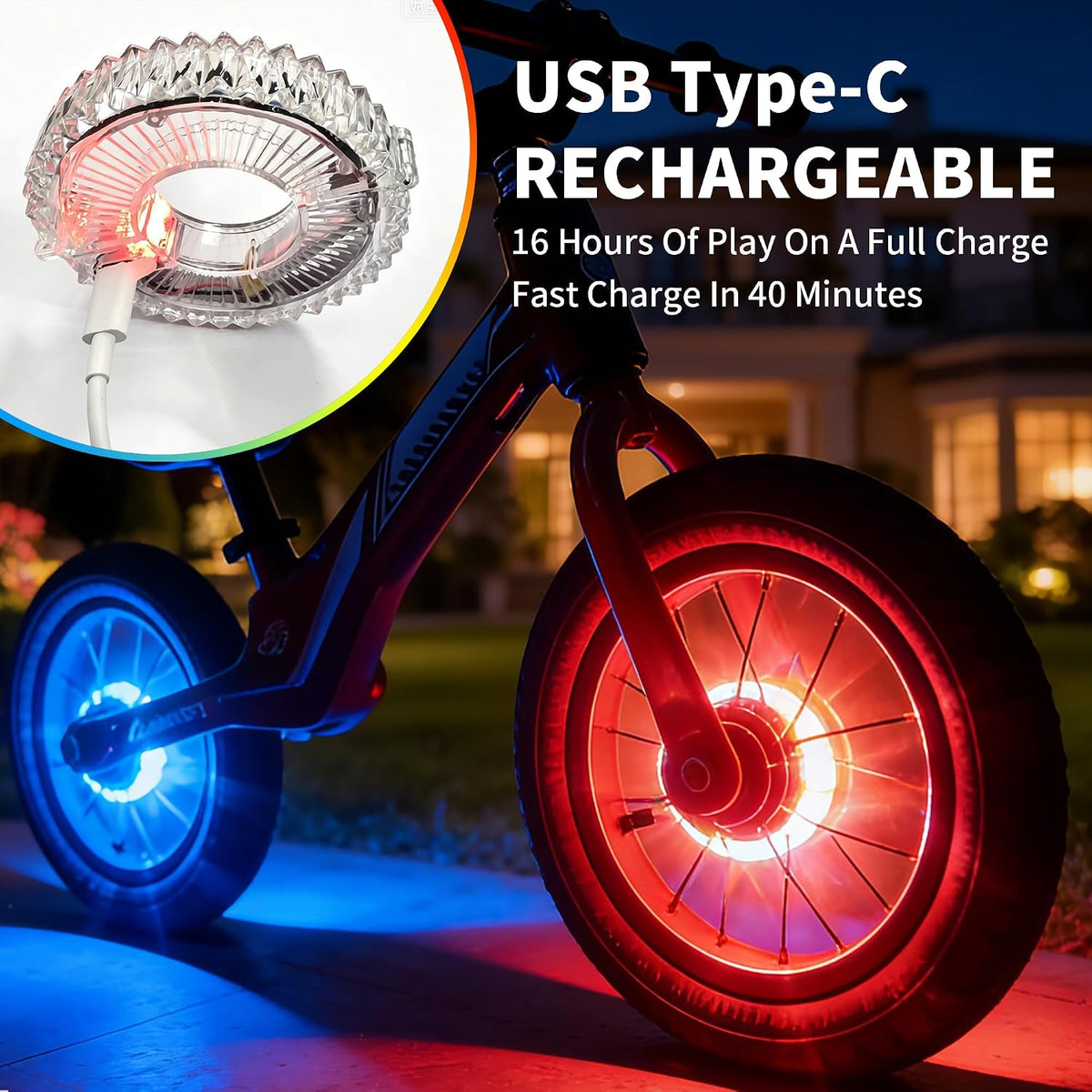 Bike Wheel Lights Rechargeable 2pack,Bike Lights for Wheels 7-Color Variable, Motion Sensor, Bike Spoke Lights Kids, Fit All Wheel Sizes of Bike,Toddler Balance Bicycle