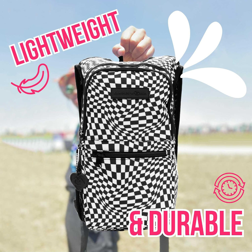 Kandies World Reflective Festival Hydration Pack - 2L Hydropack for Raves, Hiking, Biking, Running, and More (with Anti-Theft Pocket)