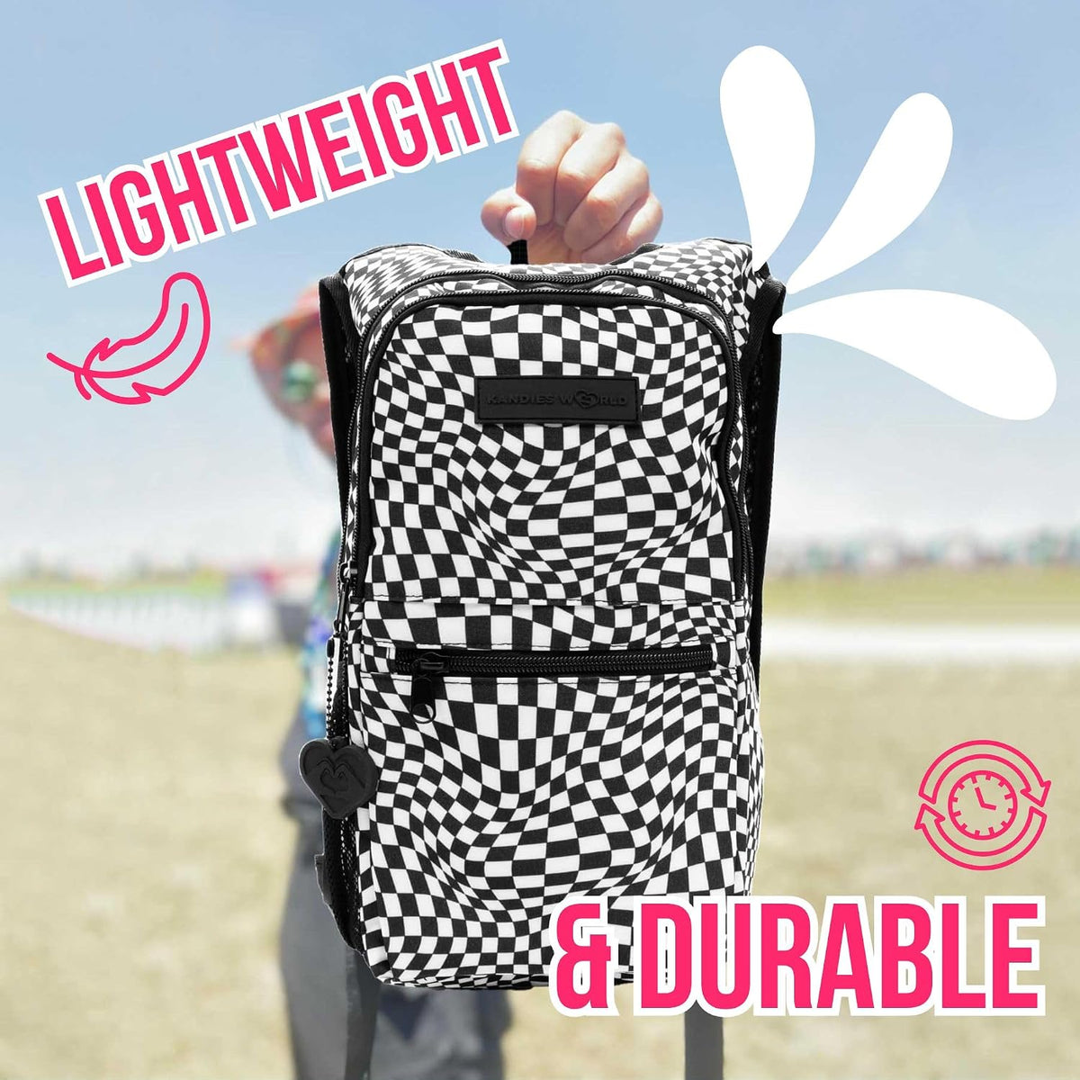 Kandies World Reflective Festival Hydration Pack - 2L Hydropack for Raves, Hiking, Biking, Running, and More (with Anti-Theft Pocket)